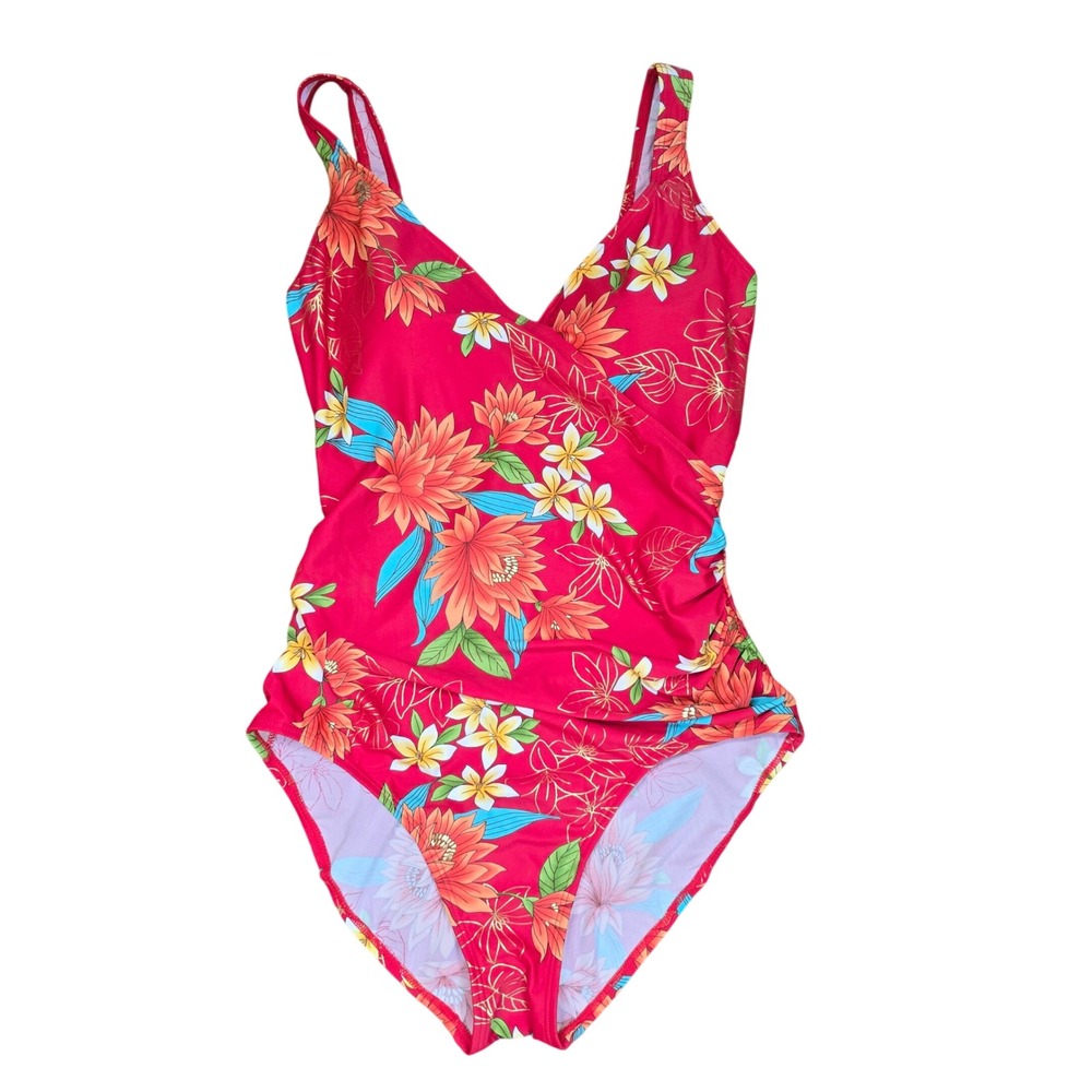 Beach Bay Red Floral Surplice One Piece Swimsuit Size 16 Ruched Tummy Control